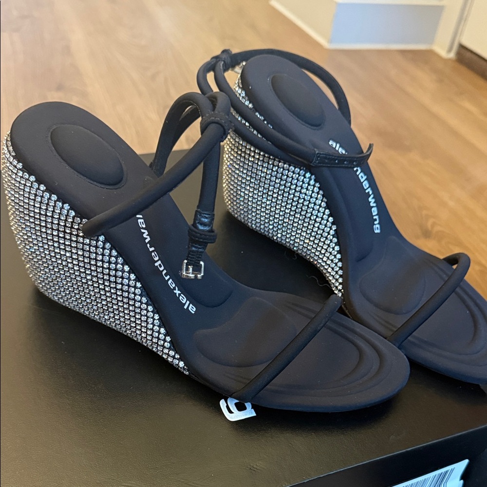 Alexander Wang Black Wedge Sandals with Crystal-Embellished Sides